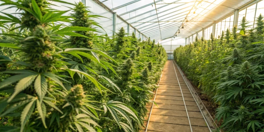 Greenhouse interior with rows of blooming Green O Matic strain plants bathed in natural sunlight, showing vibrant leaves and dense buds.