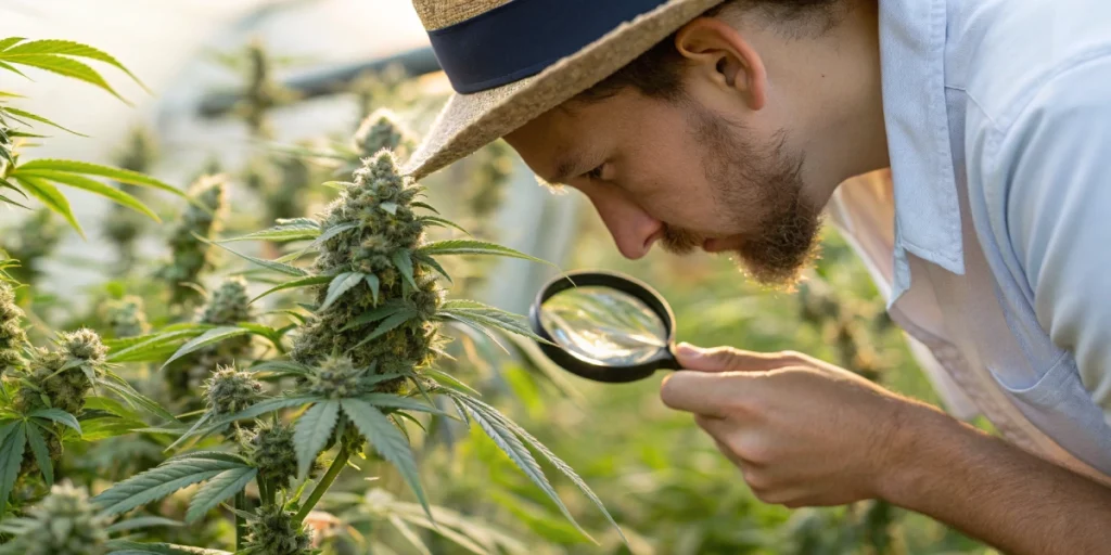 Gardener examining trichomes to know when to harvest cannabis seeds.