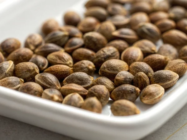 Close-up of mature cannabis seeds illustrating when to harvest cannabis seeds by coat color.