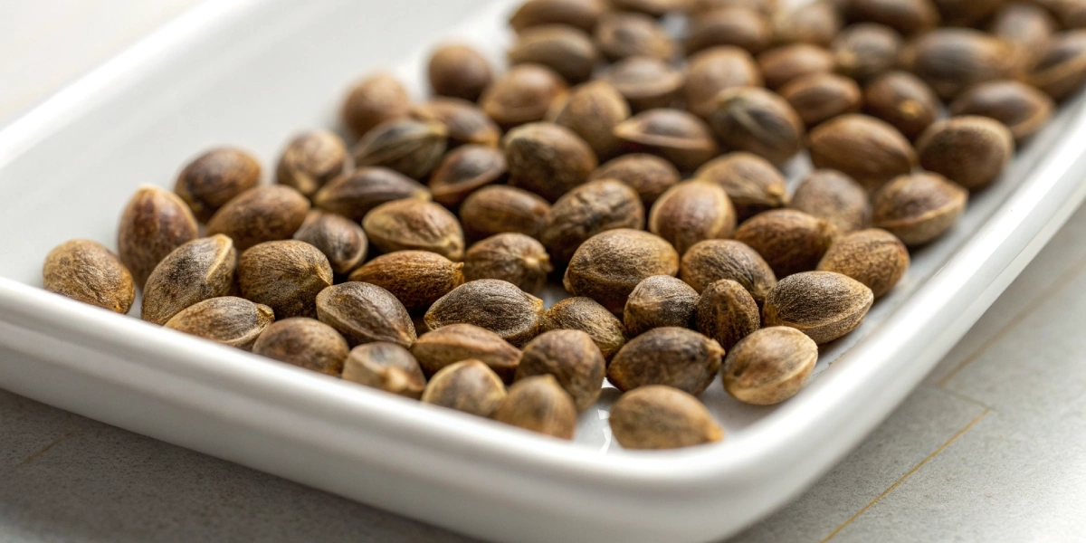 Close-up of mature cannabis seeds illustrating when to harvest cannabis seeds by coat color.