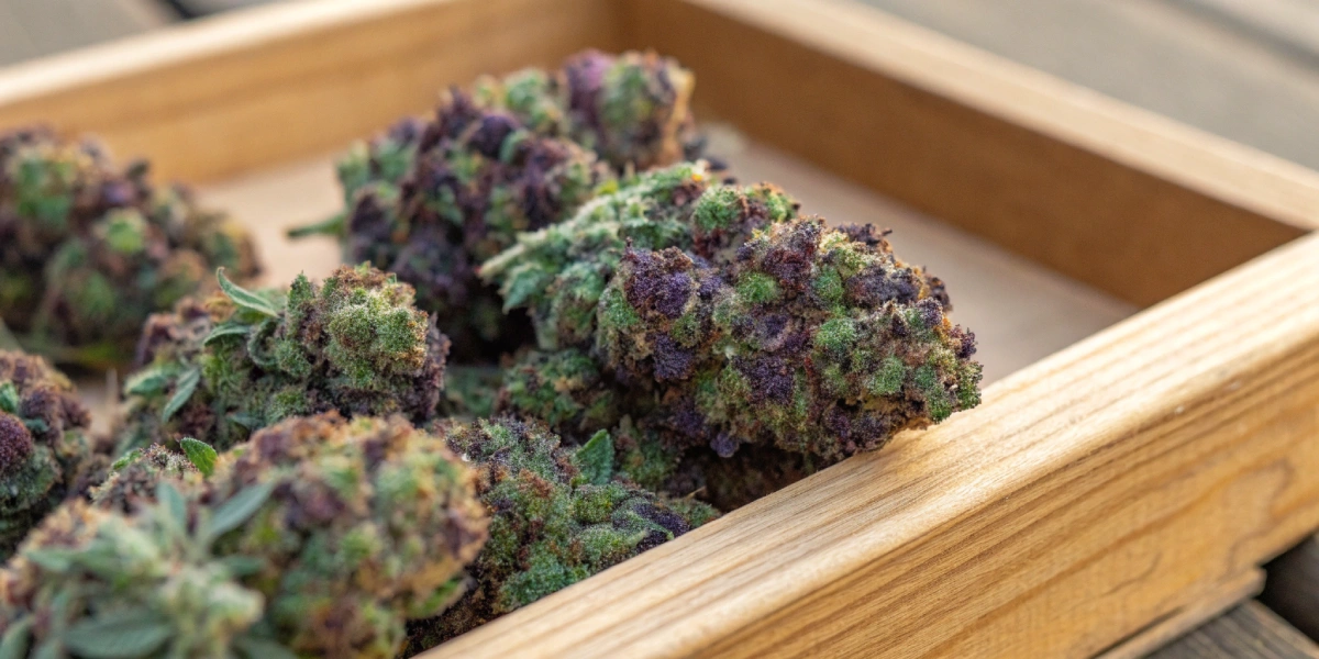 Close‑up of Hulkberry strain buds covered in sparkling trichomes on a wooden surface