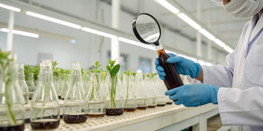 Scientist examining a Hulkberry strain cola under a magnifying glass in a clean lab.