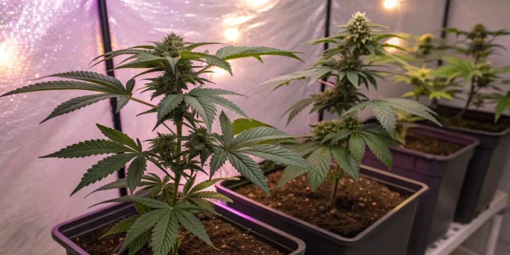 Indoor grow tent with potted Hulkberry strain plants under bright LED lighting.