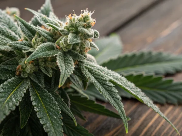 Macro photograph of Ice strain buds covered in glistening trichomes on a wooden surface.