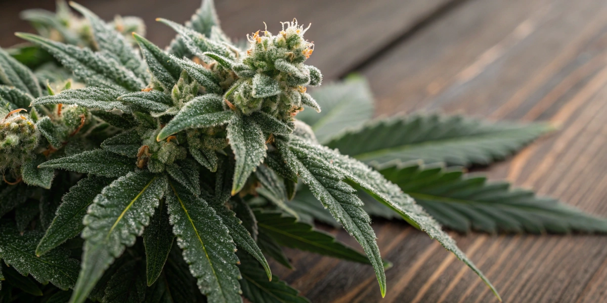 Macro photograph of Ice strain buds covered in glistening trichomes on a wooden surface.