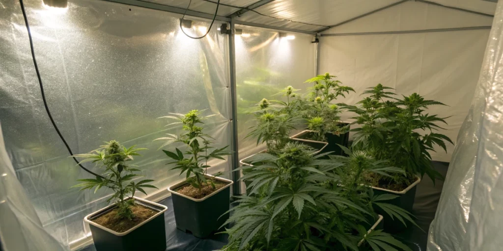 Indoor grow tent with potted Ice strain plants under bright LED lights and reflective walls.