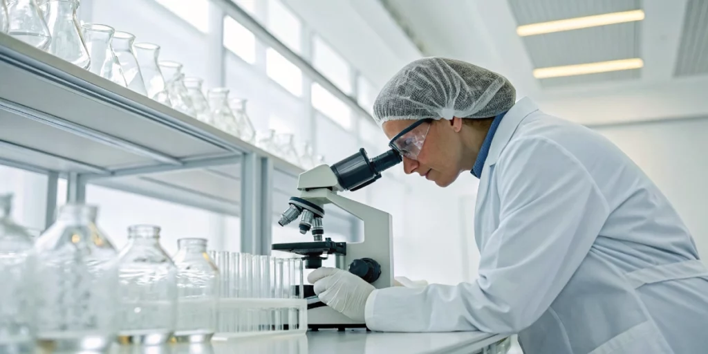 Scientist inspecting Ice strain sample under a microscope in a bright laboratory