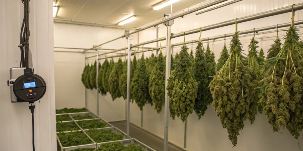 Drying room setup for growing cannabis from seeds indoors with hanging buds