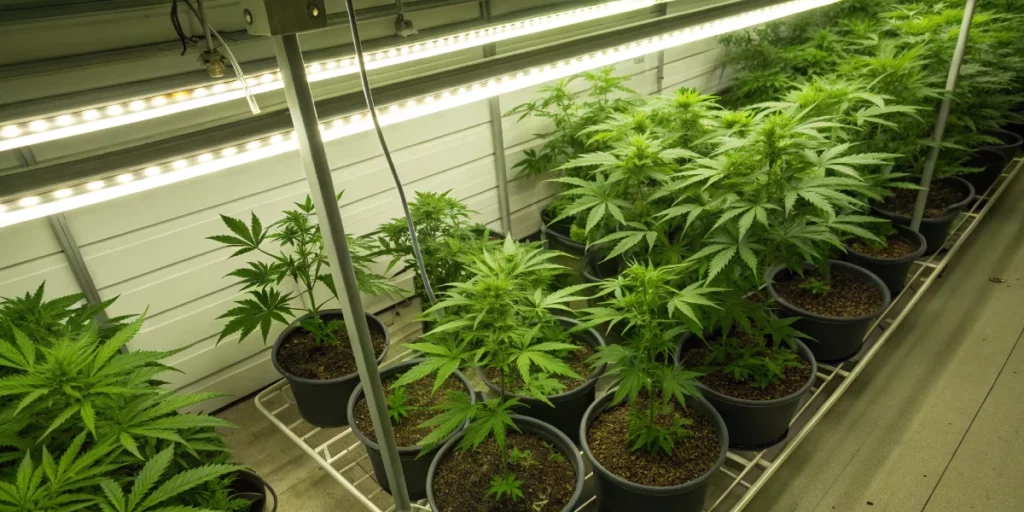 Multiple cannabis plants thriving under lights for growing cannabis from seeds indoors