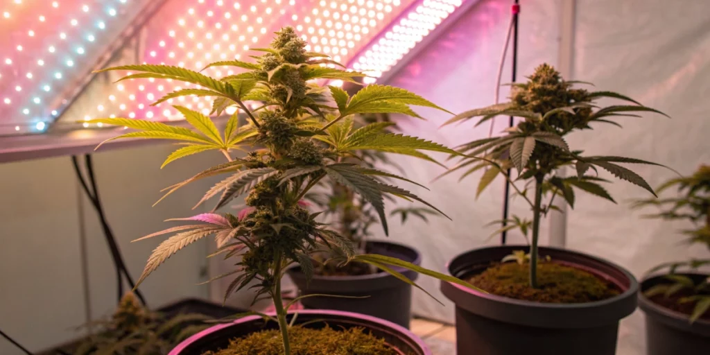 Interior de un armario de cultivo con plantas de Kali Dog strain bajo luces LED de espectro completo.