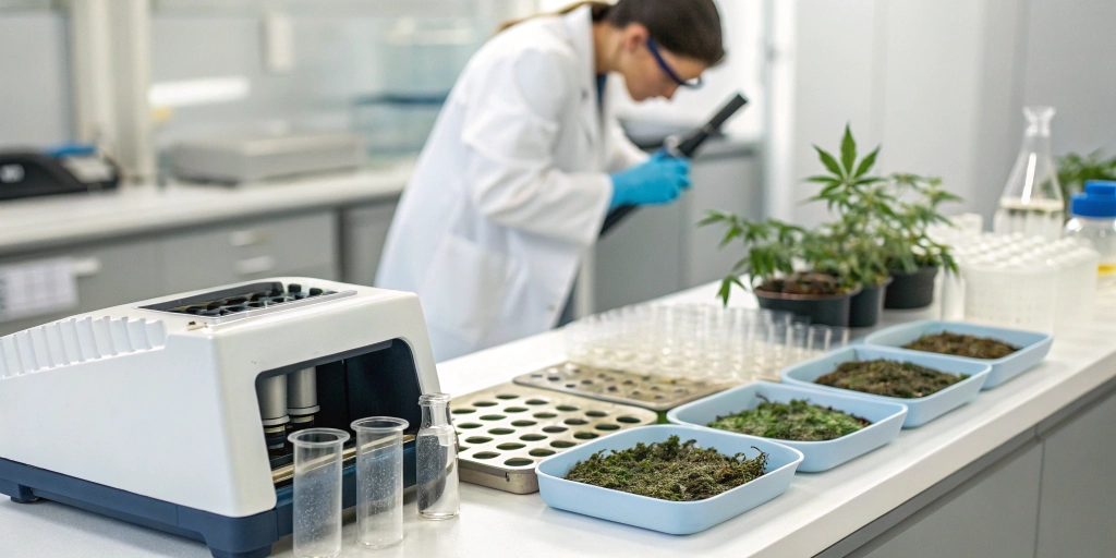 Lab testing male vs female cannabis seeds for genetic markers.