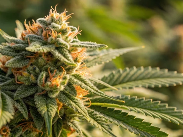 A detailed close-up image showing dense buds of mimosa x orange punch auto strain with sparkling trichomes and vivid citrus colors illuminated by natural sunlight.