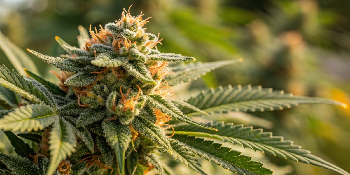 A detailed close-up image showing dense buds of mimosa x orange punch auto strain with sparkling trichomes and vivid citrus colors illuminated by natural sunlight.