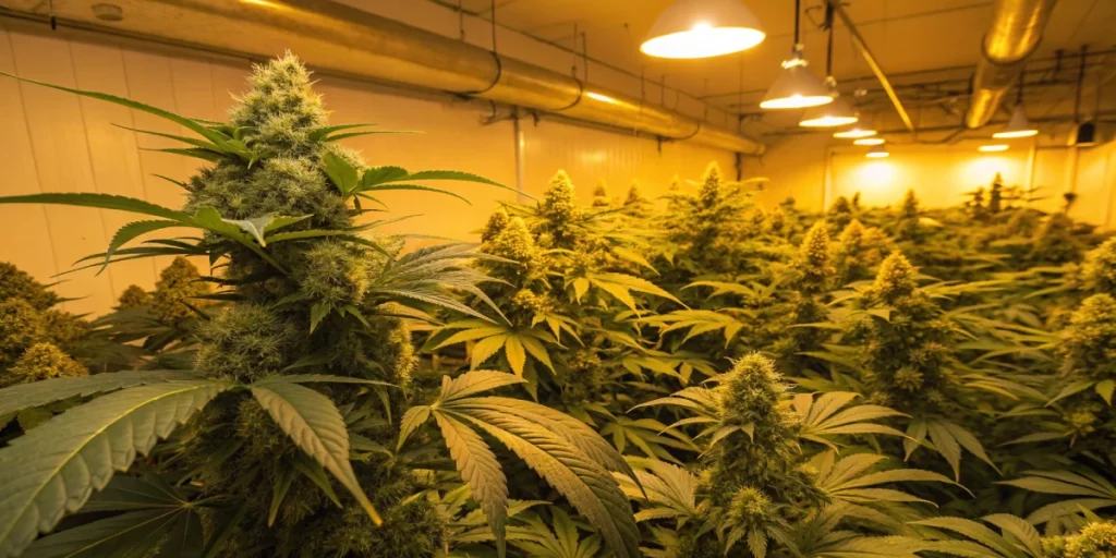 An indoor grow room with mature mimosa x orange punch auto strain plants, showcasing bright, dense buds and lush foliage, illuminated by warm LED lights.