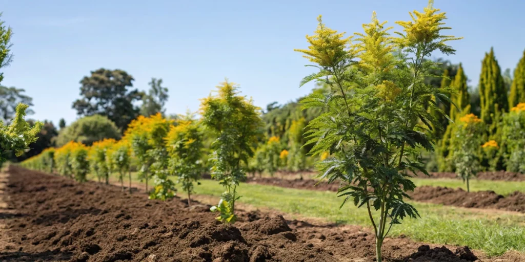 A realistic outdoor scene of mimosa x orange punch auto strain plants flourishing in nutrient-rich soil under a clear blue sky, with vibrant, detailed textures visible on the buds and leaves.