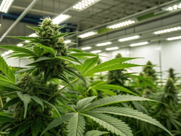 A realistic indoor grow room scene showing a healthy NYC Sour D Auto Tyson S Strain plant with vibrant leaves and dense resinous buds under LED lighting.