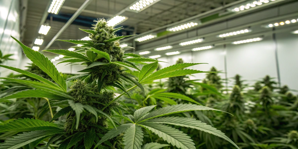 A realistic indoor grow room scene showing a healthy NYC Sour D Auto Tyson S Strain plant with vibrant leaves and dense resinous buds under LED lighting.