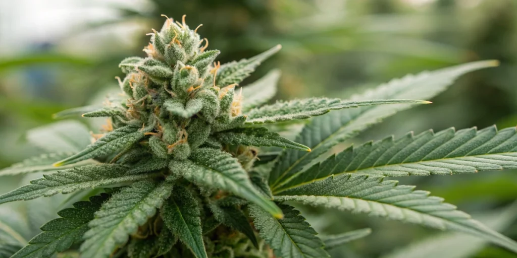 A detailed close-up of a NYC Sour D Auto Tyson S Strain bud with clear trichomes and a glossy, resinous texture.