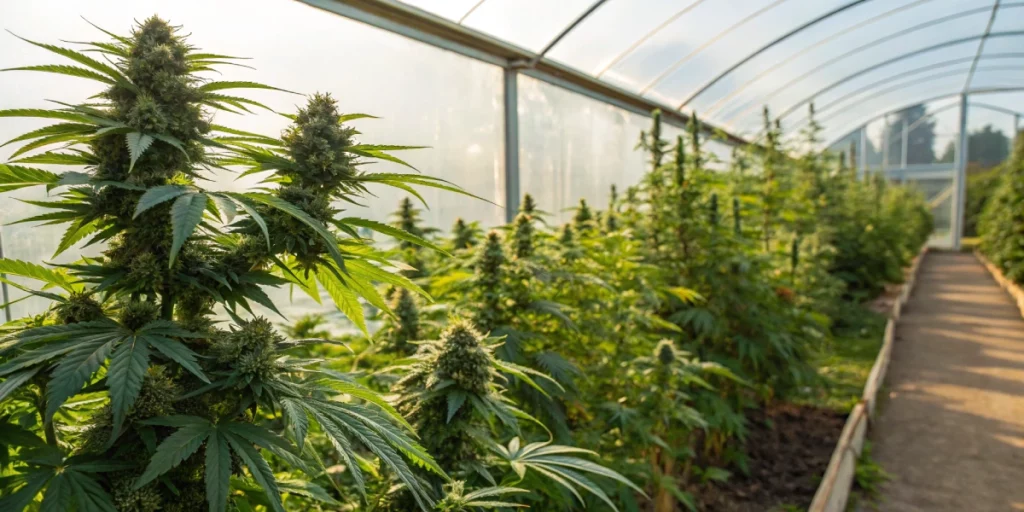 An overhead realistic view of NYC Sour D Auto Tyson S Strain plants thriving in a sunny greenhouse with abundant, high-quality buds.