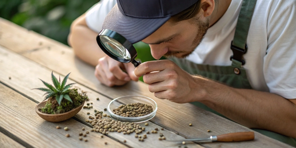 Person inspecting cannabis seeds not germinating with magnifying glass on table