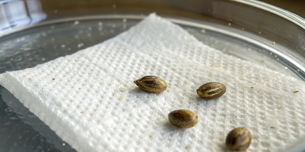 Three cannabis seeds not germinating on wet paper towel in a humidity dome