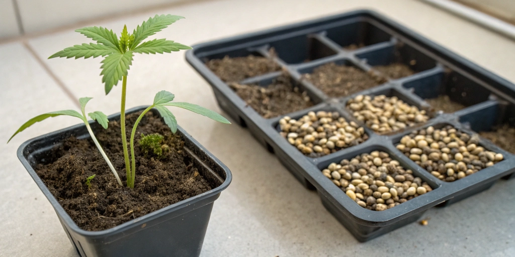 Healthy sprout next to cannabis seeds not germinating in soil