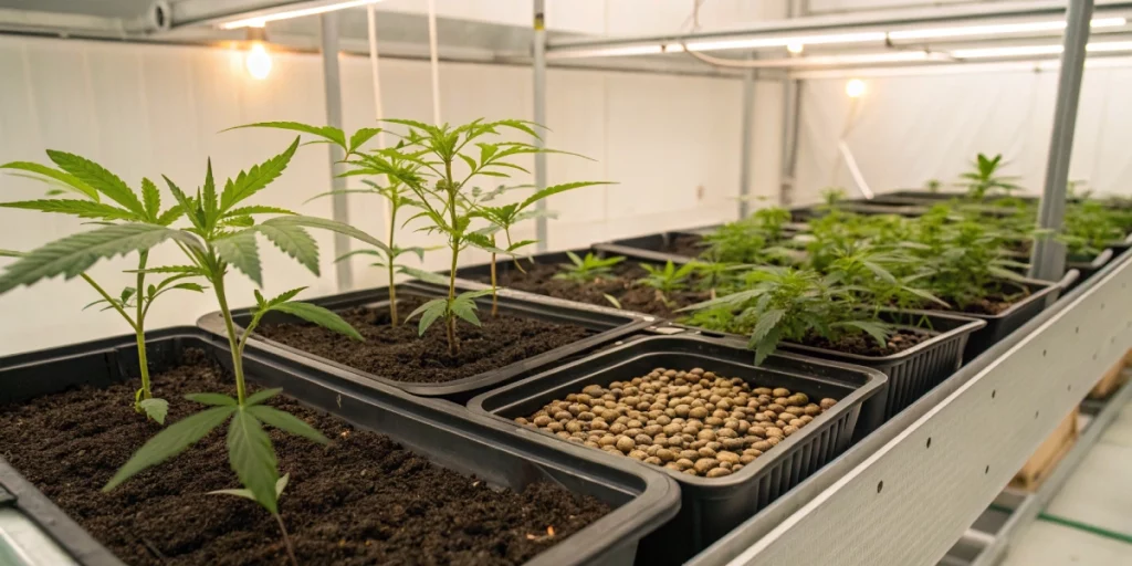 labeled seed trays with ohio cannabis seeds in greenhouse