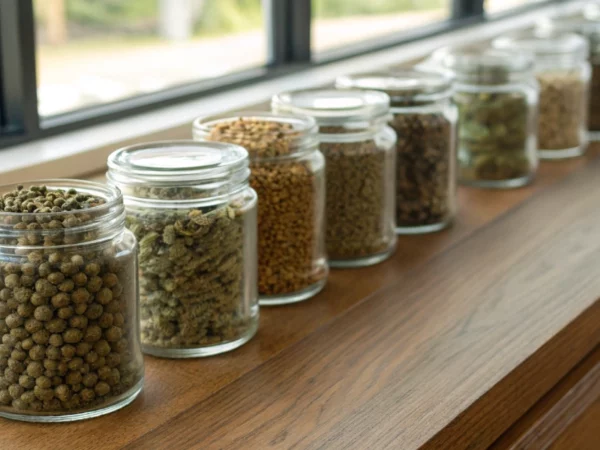 assorted ohio cannabis seeds in glass jars on wooden countertop