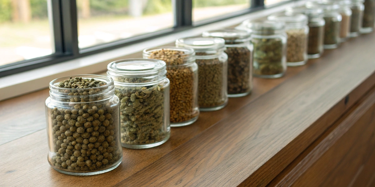 assorted ohio cannabis seeds in glass jars on wooden countertop