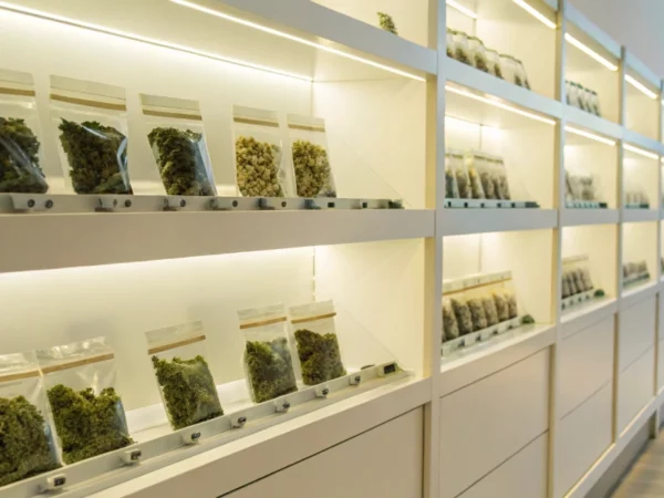 Dispensary shelf with cannabis seeds columbus ohio in colorful packages.