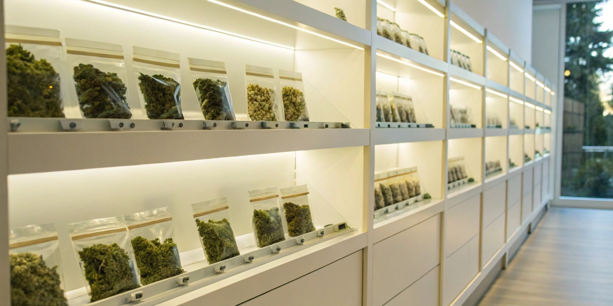 Dispensary shelf with cannabis seeds columbus ohio in colorful packages.