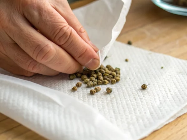 Hand placing cannabis seeds not germinating in paper towel on damp towel