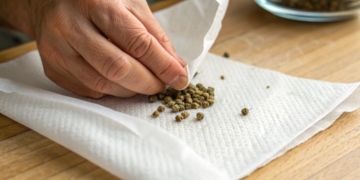 Hand placing cannabis seeds not germinating in paper towel on damp towel