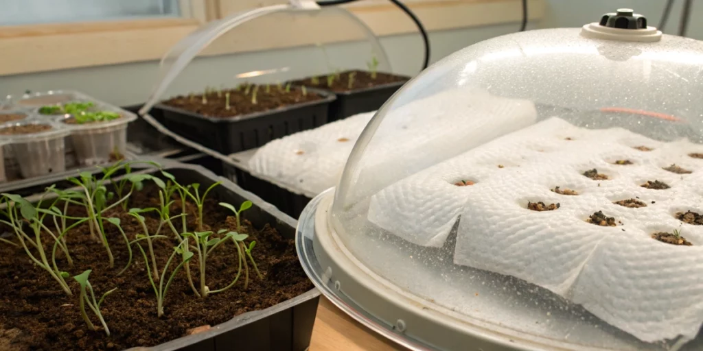 Germination station with cannabis seeds not germinating in paper towel under humidity dome
