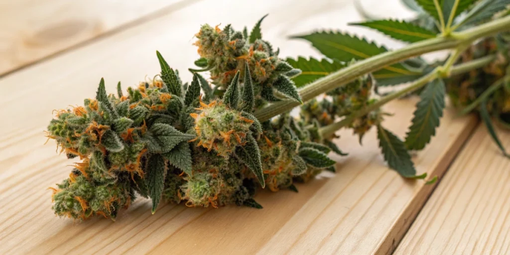 Close-up image of a cut branch of Royal Dwarf Auto strain with freshly harvested, resinous buds showing citrus hues and detailed trichomes on a wooden surface