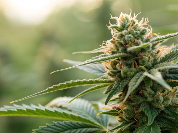Close-up of Royal Dwarf Auto strain buds, highlighting dense trichomes and vivid green pistils, with a blurred foliage background.
