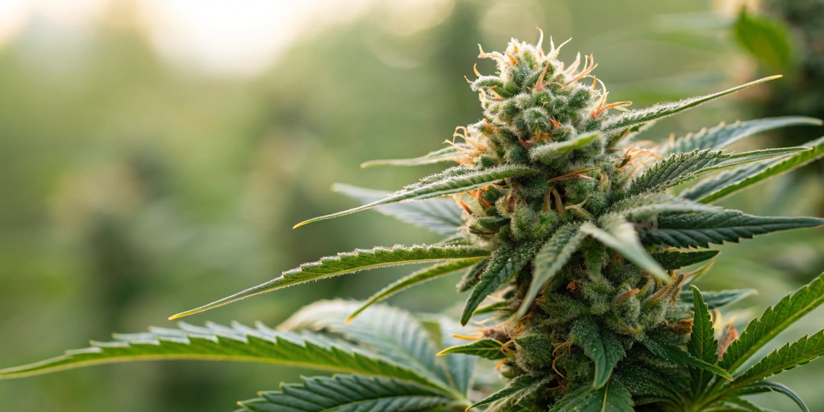 Close-up of Royal Dwarf Auto strain buds, highlighting dense trichomes and vivid green pistils, with a blurred foliage background.