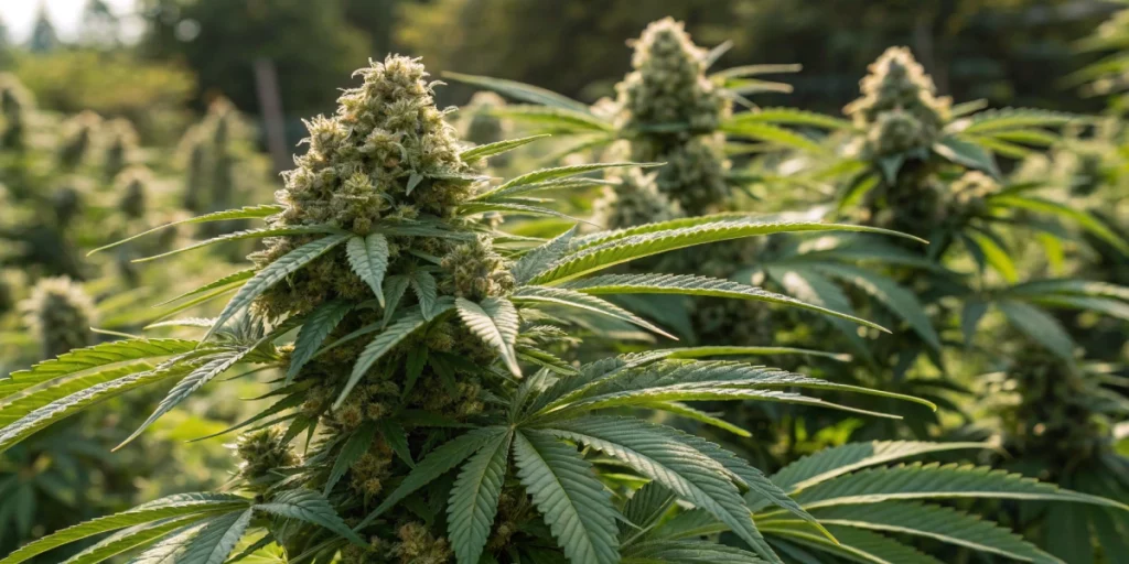 Realistic outdoor shot of a Royal Dwarf Auto plant in full bloom, showcasing dense, resin-covered buds and rich green leaves in natural sunlight.