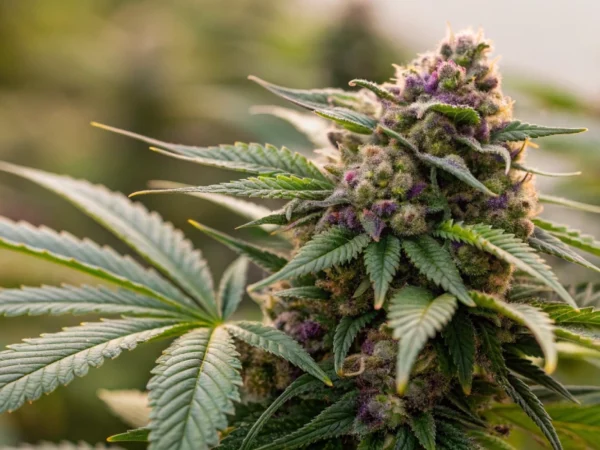 Close-up of dense, resinous Royal Gorilla Auto strain buds with vibrant green and purple hues illuminated by bright grow lights.
