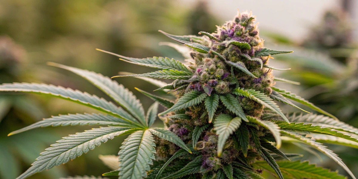 Close-up of dense, resinous Royal Gorilla Auto strain buds with vibrant green and purple hues illuminated by bright grow lights.