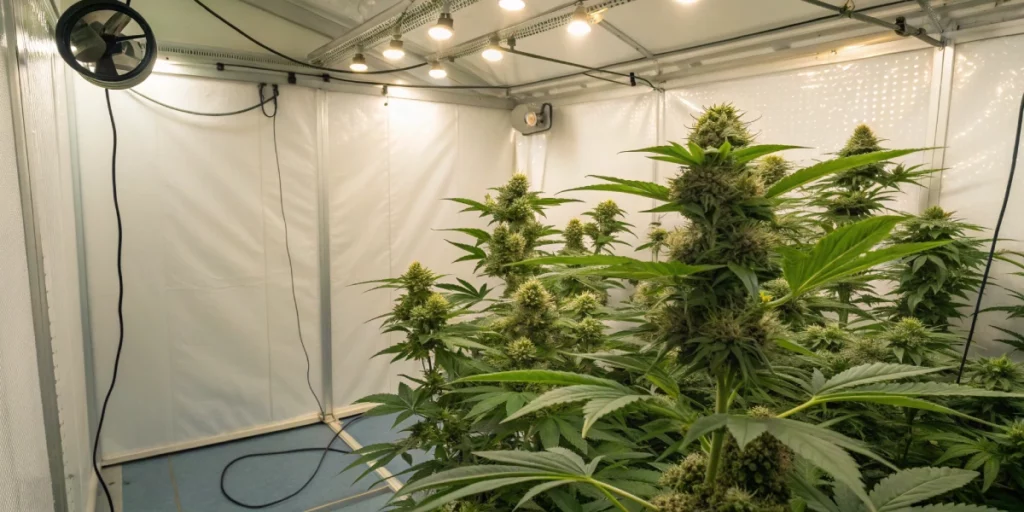 Realistic indoor grow room scene with a flowering Royal Gorilla Auto strain plant, clear LED lighting, and organized equipment showcasing dense buds.