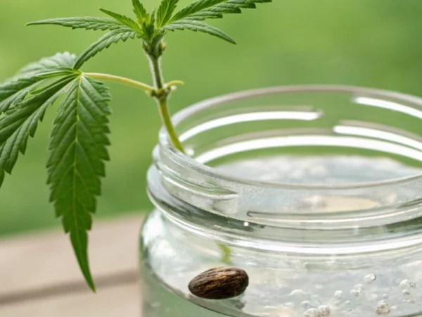 Cannabis seed in water soaking in a glass jar with emerging roots
