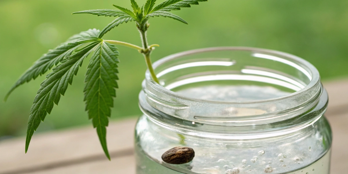 Cannabis seed in water soaking in a glass jar with emerging roots