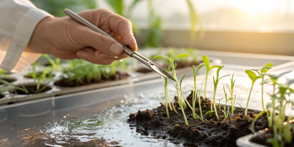 Gardener gently handling a cannabis seed in water over moist soil