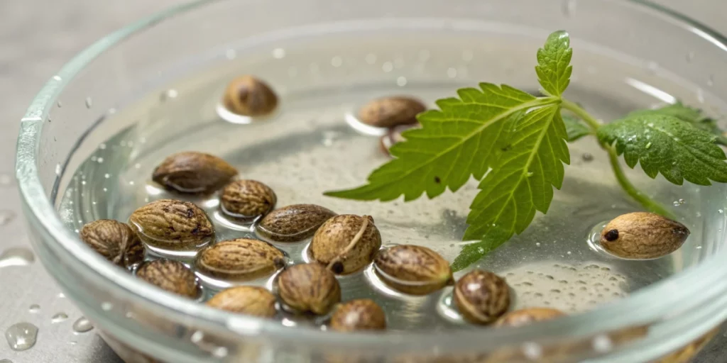Multiple cannabis seed in water at various germination stages in transparent bowl