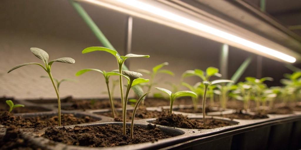 Image illustrating does cannabis seed need light to germinate stage with young seedlings under LED light.