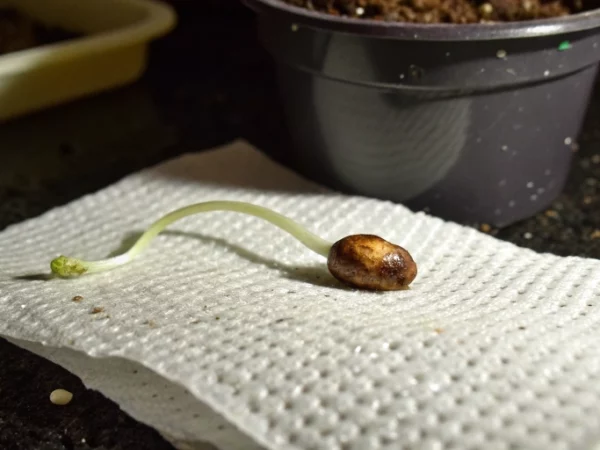 Close-up showing does cannabis seed need light to germinate on a damp paper towel with emerging taproot.
