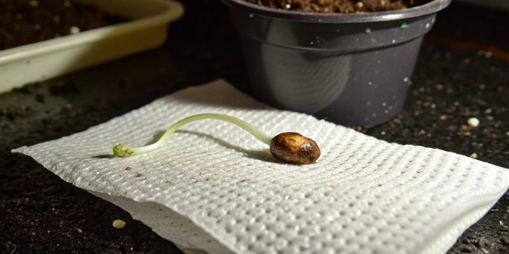 Close-up showing does cannabis seed need light to germinate on a damp paper towel with emerging taproot.