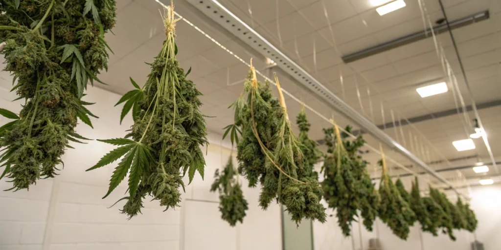 Cannabis branches hanging in a ventilated space to dry, demonstrating how to grow cannabis from seed outdoors.