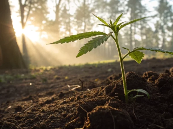 Cannabis seedling emerging in soil under gentle morning light illustrating how to grow cannabis from seed outdoors.